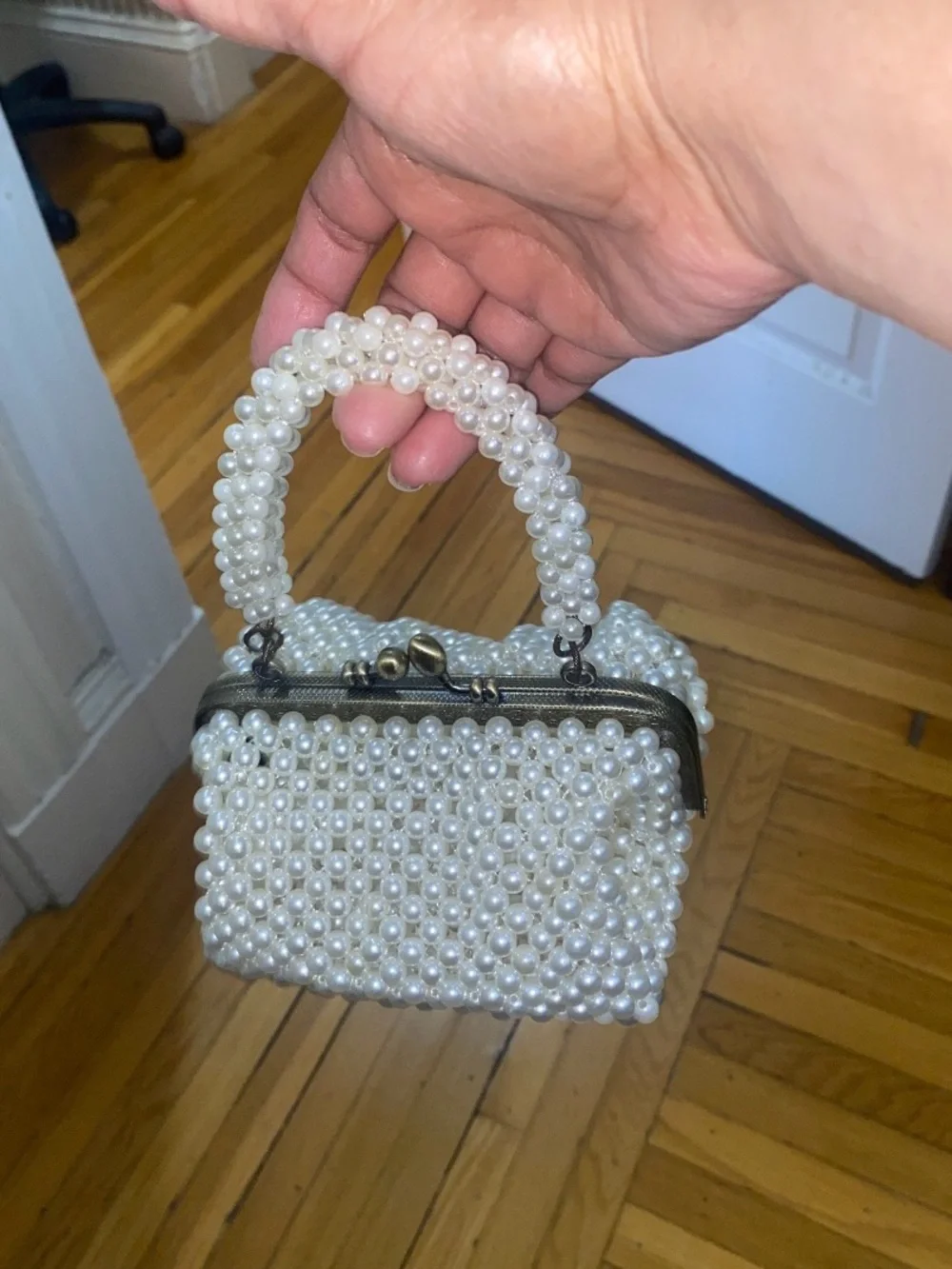 Pearl Beaded Ivory Evening Clutch with Top Handle